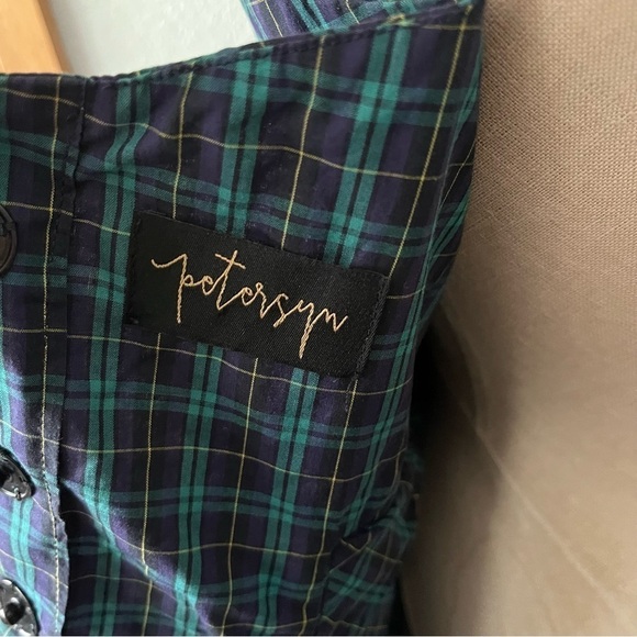 PETERSYN sz M Blue Plaid Woven Tank Top Long Sides High Low - Picture 8 of 16